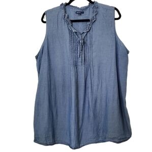 Gap Maternity Women's Blue Cotton Pintuck Sleeveless Chambray Ruffle Popover Top